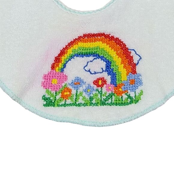 VTG 80s Cross Stitch Bib Rainbow Flowers‎ Terry Cloth White Multi Baby Infant - Picture 2 of 5